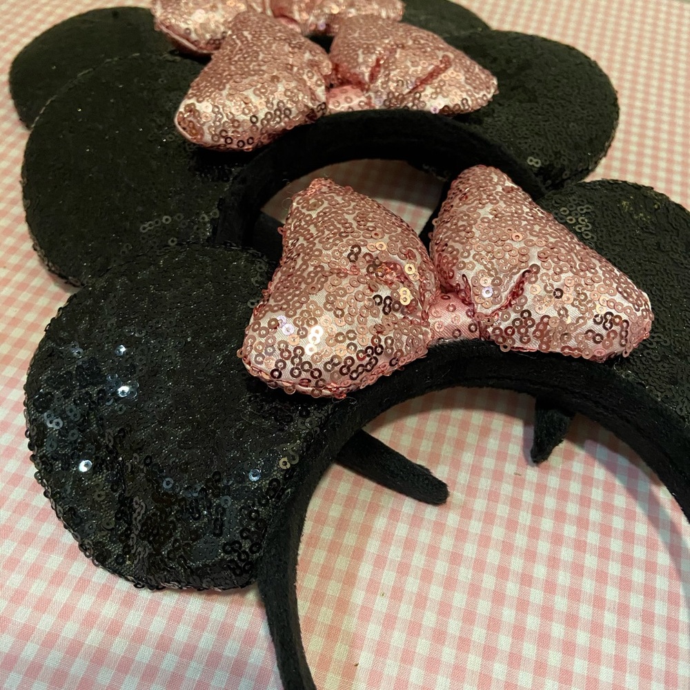 New Classic Minnie Mouse Ears | Black Sequin Ears with Light Pink Sequin Bow
